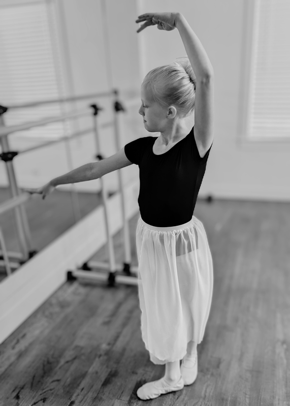 A young ballet dancer at the barre, arms held in a graceful line